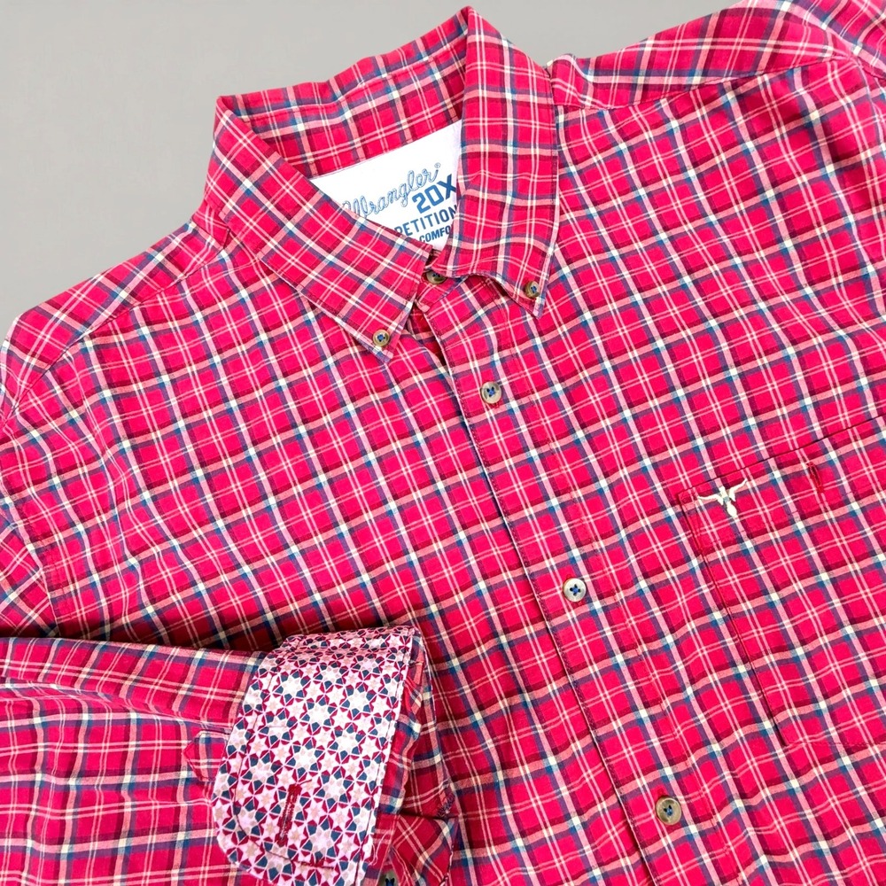 Wrangler 20X Competition Shirt Mens Red Plaid Flip Cuff Advanced Comfort